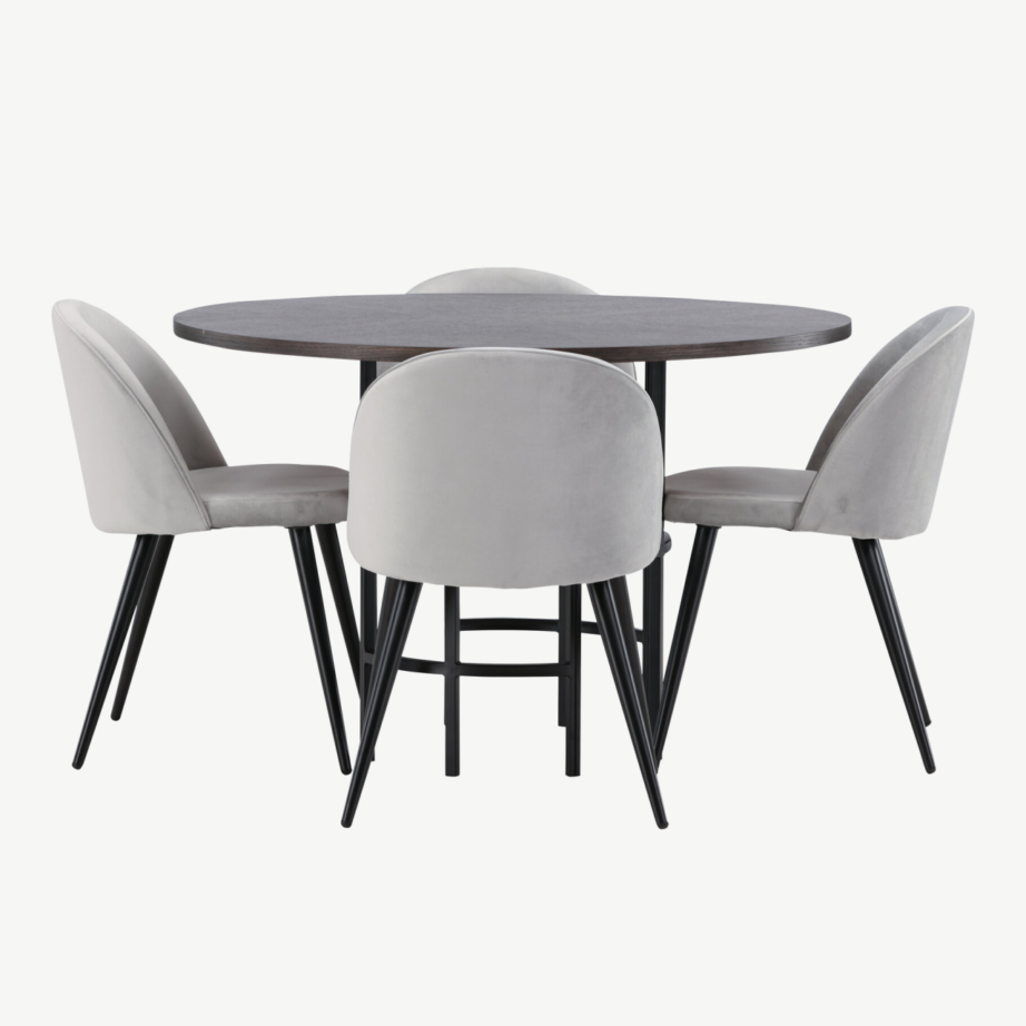 Ümmargune söögilaud Copenhagen mokkatoonis ja hallid sametkattega toolid, GR22851 – 7