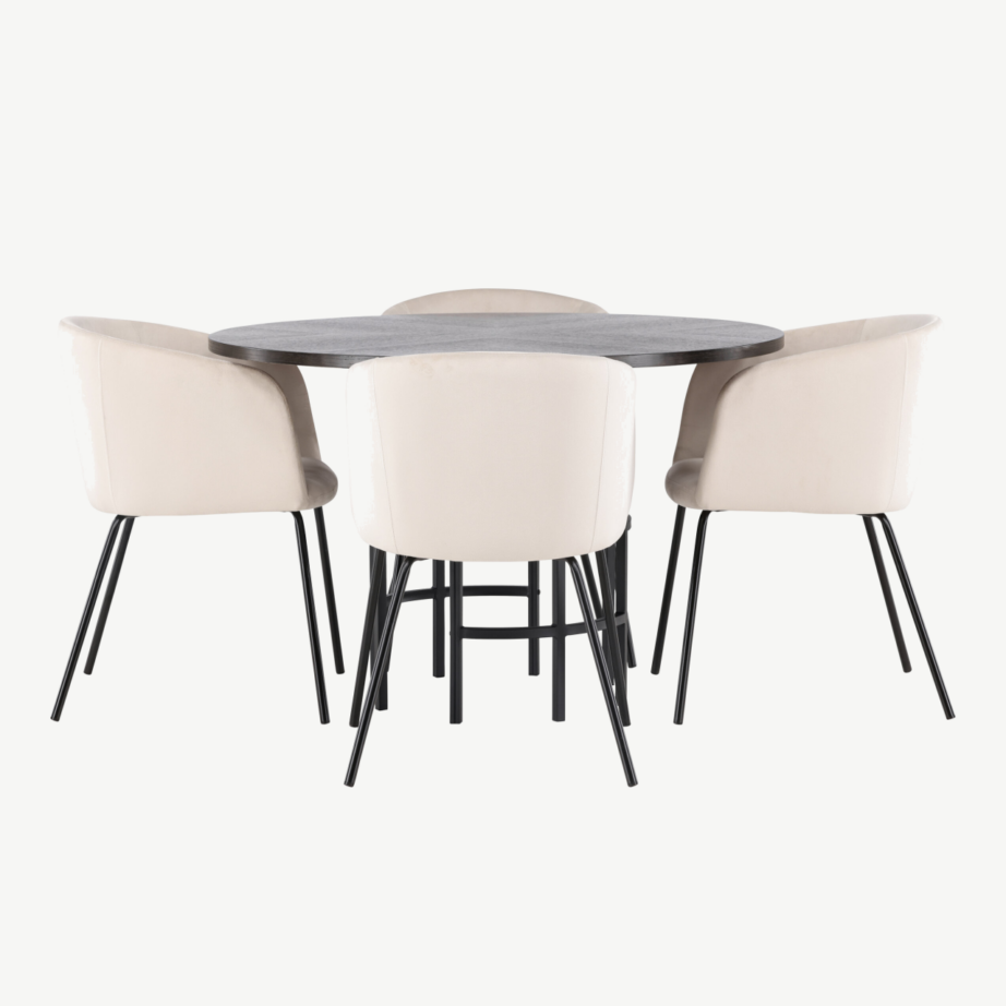 Ümmargune söögilaud Copenhagen mokkatoonis vineeriga ja Berit polsterdatud tool, GR22847 – 2