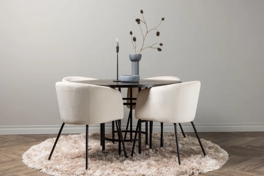 Ümmargune söögilaud Copenhagen mokkatoonis vineeriga ja Berit polsterdatud tool, GR22847 – 8