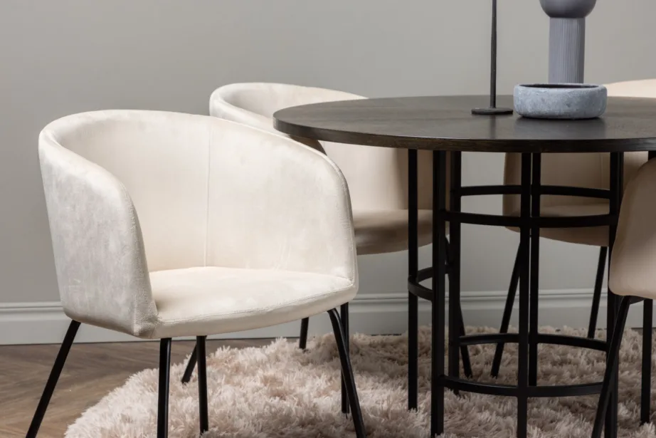 Ümmargune söögilaud Copenhagen mokkatoonis vineeriga ja Berit polsterdatud tool, GR22847 – 9