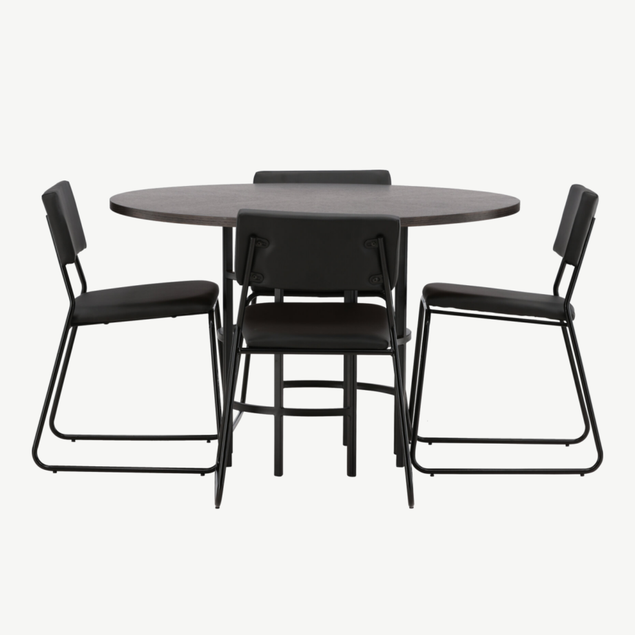 Ümmargune söögilaud Copenhagen mokkavärvi vineeriga ja neli musta Kenth tooli, GR22848 – 2