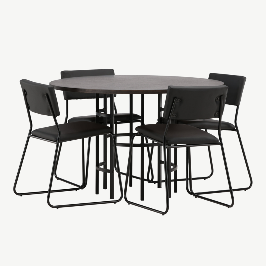 Ümmargune söögilaud Copenhagen mokkavärvi vineeriga ja neli musta Kenth tooli, GR22848 – 4