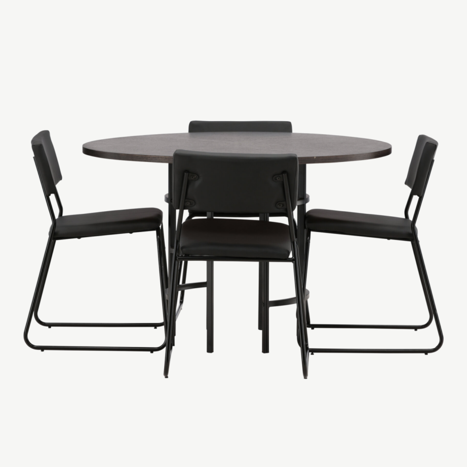 Ümmargune söögilaud Copenhagen mokkavärvi vineeriga ja neli musta Kenth tooli, GR22848 – 5