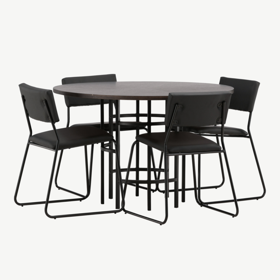 Ümmargune söögilaud Copenhagen mokkavärvi vineeriga ja neli musta Kenth tooli, GR22848 – 6