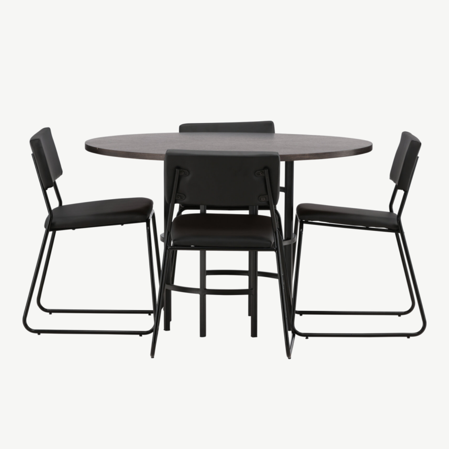 Ümmargune söögilaud Copenhagen mokkavärvi vineeriga ja neli musta Kenth tooli, GR22848 – 7