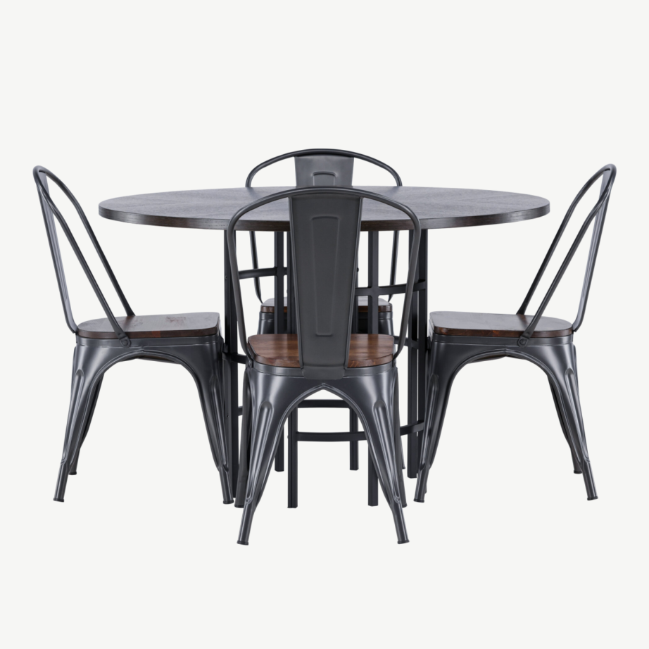 Ümmargune söögilaud Copenhagen mokkavineeriga ja Tempe tööstuslik söögitool (teras, pähkel), GR23207 – 2