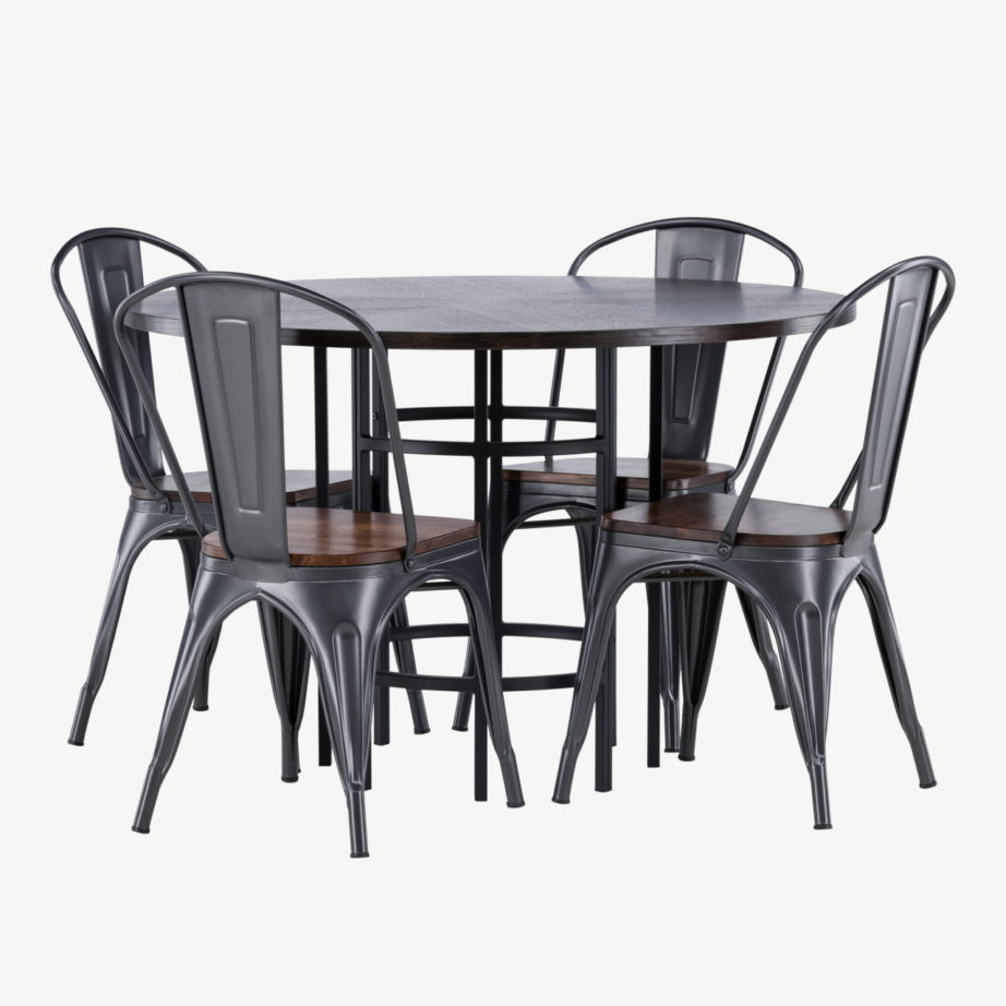 Ümmargune söögilaud Copenhagen mokkavineeriga ja Tempe tööstuslik söögitool (teras, pähkel), GR23207 – 3