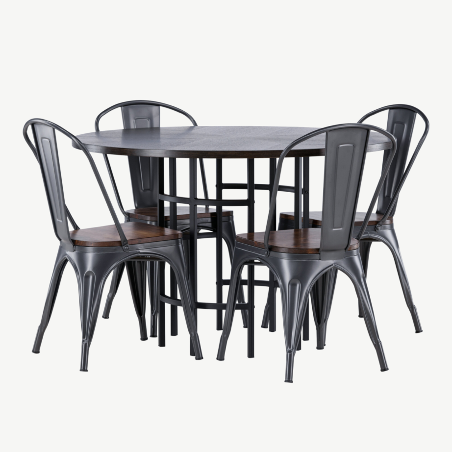 Ümmargune söögilaud Copenhagen mokkavineeriga ja Tempe tööstuslik söögitool (teras, pähkel), GR23207 – 4