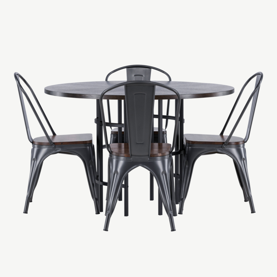 Ümmargune söögilaud Copenhagen mokkavineeriga ja Tempe tööstuslik söögitool (teras, pähkel), GR23207 – 5