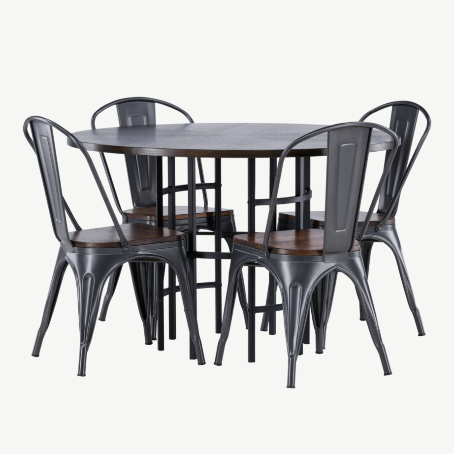 Ümmargune söögilaud Copenhagen mokkavineeriga ja Tempe tööstuslik söögitool (teras, pähkel), GR23207 – 6