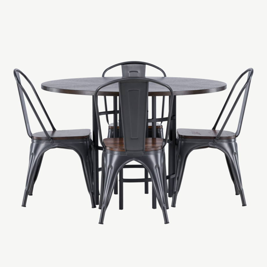 Ümmargune söögilaud Copenhagen mokkavineeriga ja Tempe tööstuslik söögitool (teras, pähkel), GR23207 – 7