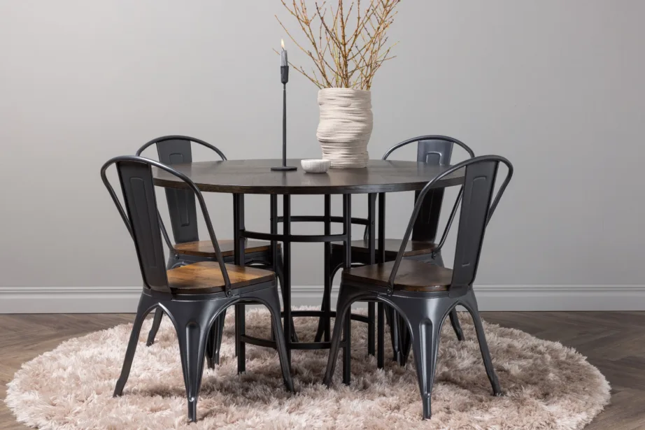 Ümmargune söögilaud Copenhagen mokkavineeriga ja Tempe tööstuslik söögitool (teras, pähkel), GR23207 – 8