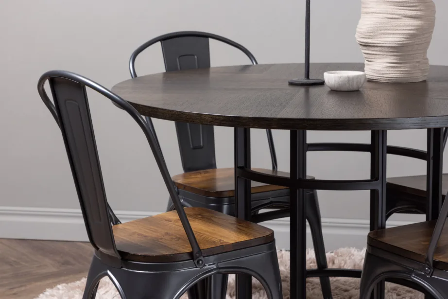 Ümmargune söögilaud Copenhagen mokkavineeriga ja Tempe tööstuslik söögitool (teras, pähkel), GR23207 – 9