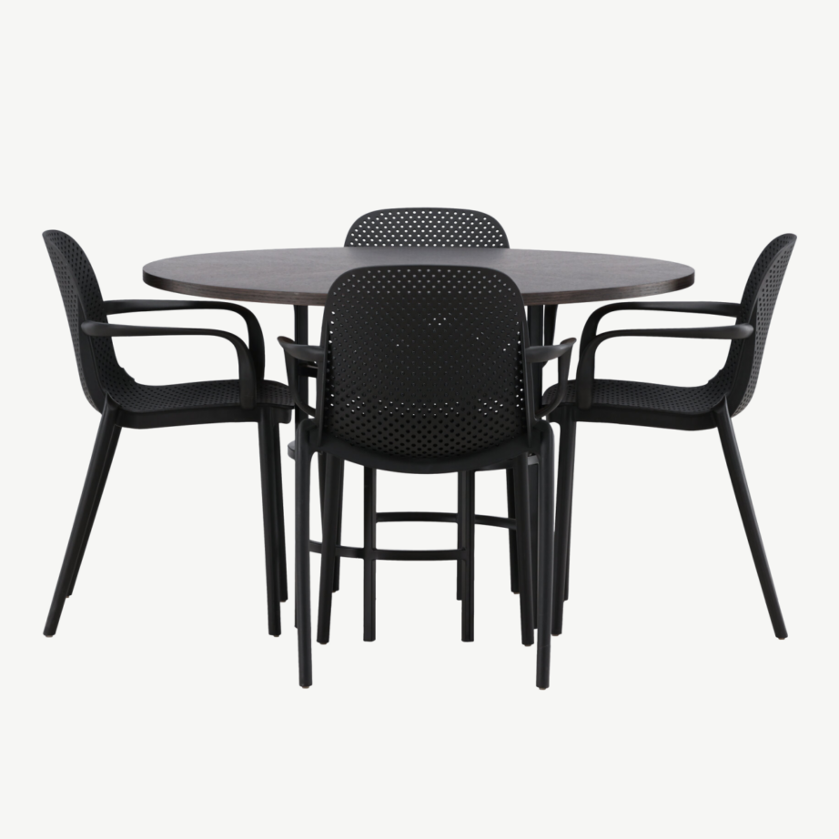 Ümmargune söögilaud Copenhagen mokkavineeriga ja mustad plastikust toolid Baltimore, GR23194 – 2