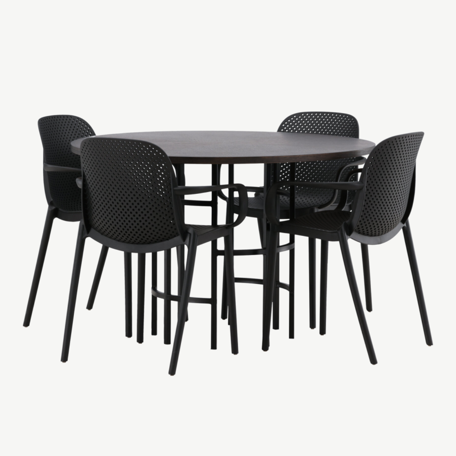 Ümmargune söögilaud Copenhagen mokkavineeriga ja mustad plastikust toolid Baltimore, GR23194 – 3