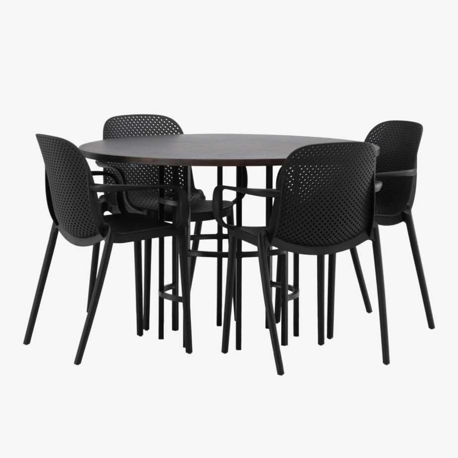 Ümmargune söögilaud Copenhagen mokkavineeriga ja mustad plastikust toolid Baltimore, GR23194 – 4