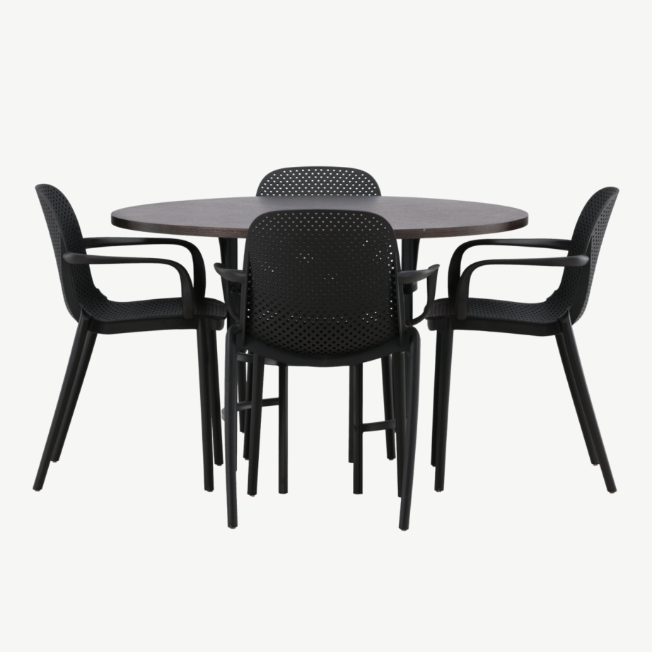 Ümmargune söögilaud Copenhagen mokkavineeriga ja mustad plastikust toolid Baltimore, GR23194 – 5