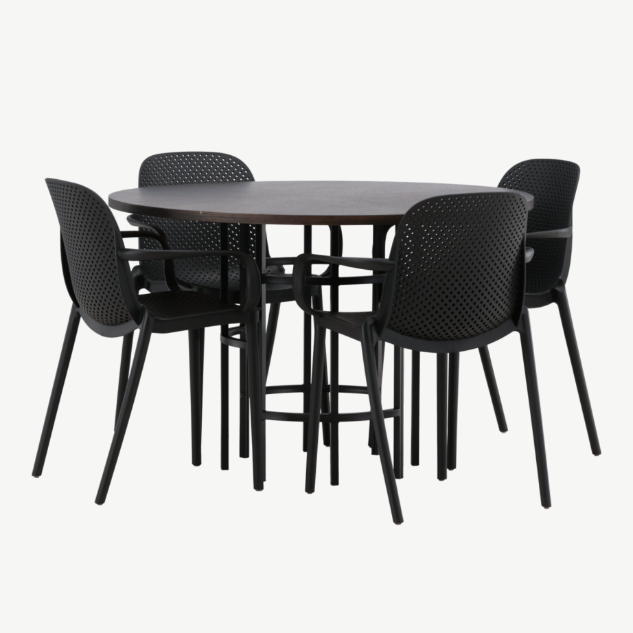 Ümmargune söögilaud Copenhagen mokkavineeriga ja mustad plastikust toolid Baltimore, GR23194 – 6