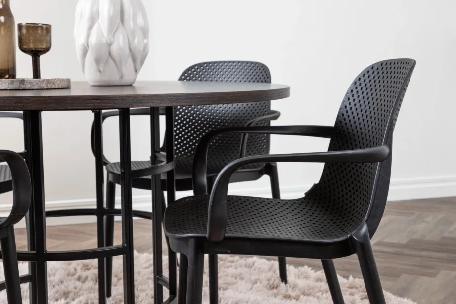 Ümmargune söögilaud Copenhagen mokkavineeriga ja mustad plastikust toolid Baltimore, GR23194 – 9