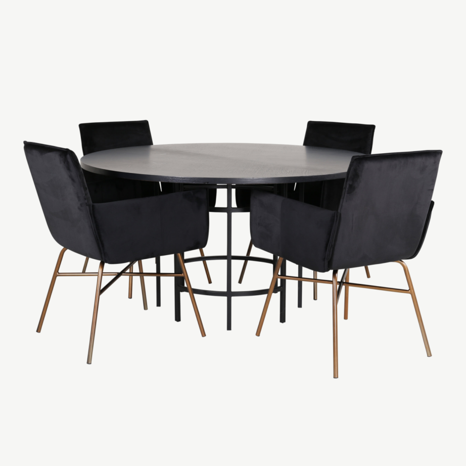 Ümmargune söögilaud Copenhagen (must, ø140 cm) koos sametist istmekattega Petra toolidega, GR22283