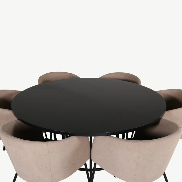 Ümmargune söögilaud Copenhagen (must, ø140cm) ja Berit toolid (beež, must metalljalg) - GR22282