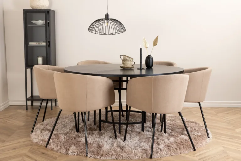 Ümmargune söögilaud Copenhagen (must, ø140cm) ja Berit toolid (beež, must metalljalg) - GR22282