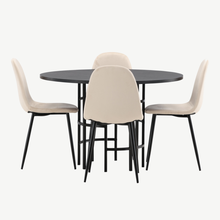 Ümmargune söögilaud Copenhagen (must MDF, ø115cm) ja beežid velvetist toolid Polar, GR22834 – 2