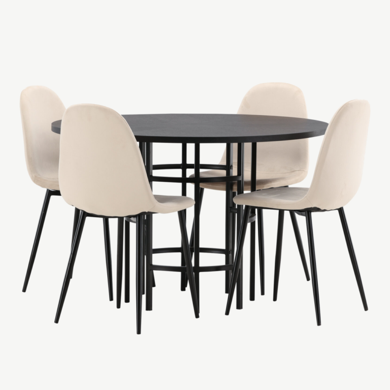 Ümmargune söögilaud Copenhagen (must MDF, ø115cm) ja beežid velvetist toolid Polar - GR22834