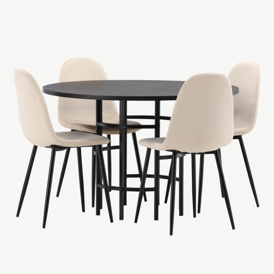 Ümmargune söögilaud Copenhagen (must MDF, ø115cm) ja beežid velvetist toolid Polar, GR22834 – 4