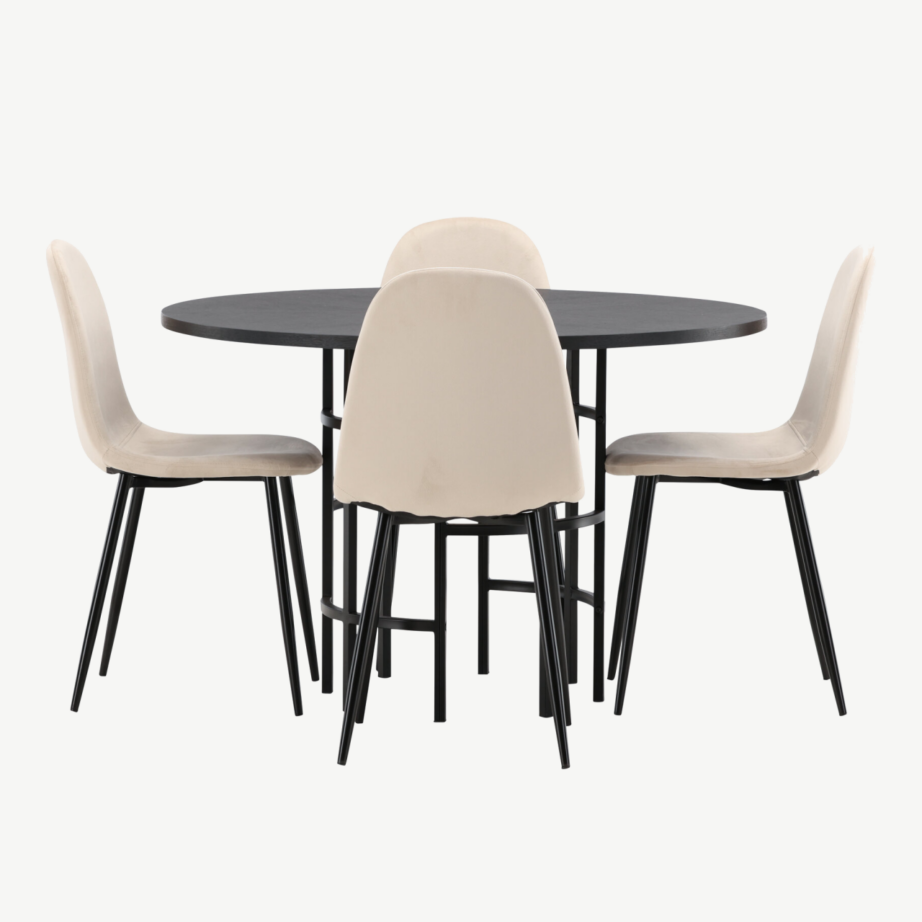 Ümmargune söögilaud Copenhagen (must MDF, ø115cm) ja beežid velvetist toolid Polar, GR22834 – 5