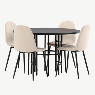 Ümmargune söögilaud Copenhagen (must MDF, ø115cm) ja beežid velvetist toolid Polar - GR22834