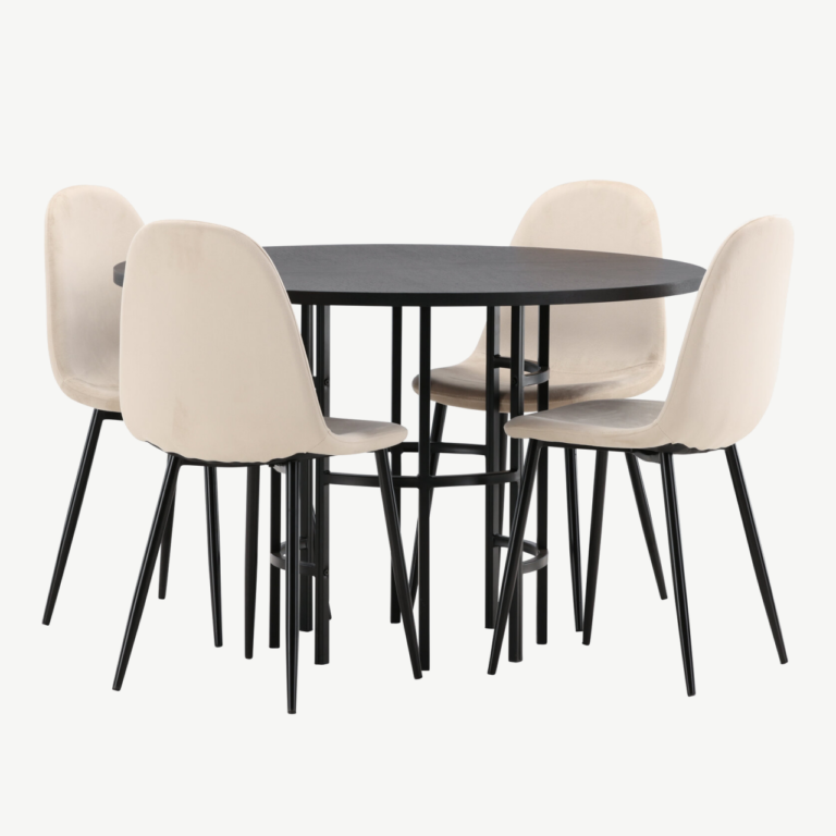 Ümmargune söögilaud Copenhagen (must MDF, ø115cm) ja beežid velvetist toolid Polar - GR22834