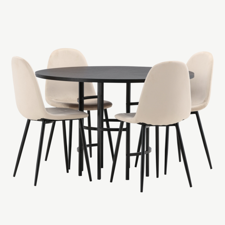 Ümmargune söögilaud Copenhagen (must MDF, ø115cm) ja beežid velvetist toolid Polar, GR22834 – 6