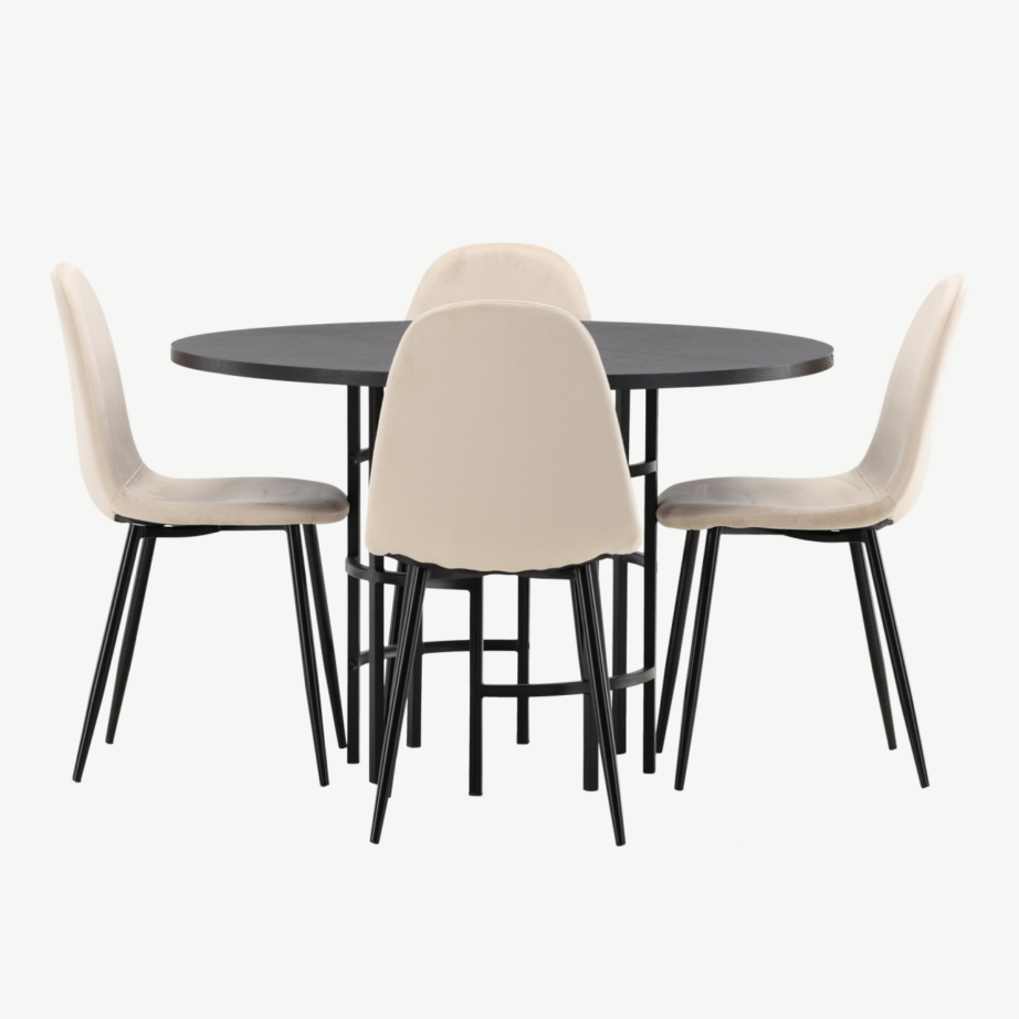 Ümmargune söögilaud Copenhagen (must MDF, ø115cm) ja beežid velvetist toolid Polar, GR22834 – 7