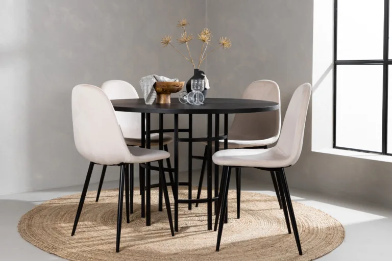 Ümmargune söögilaud Copenhagen (must MDF, ø115cm) ja beežid velvetist toolid Polar - GR22834