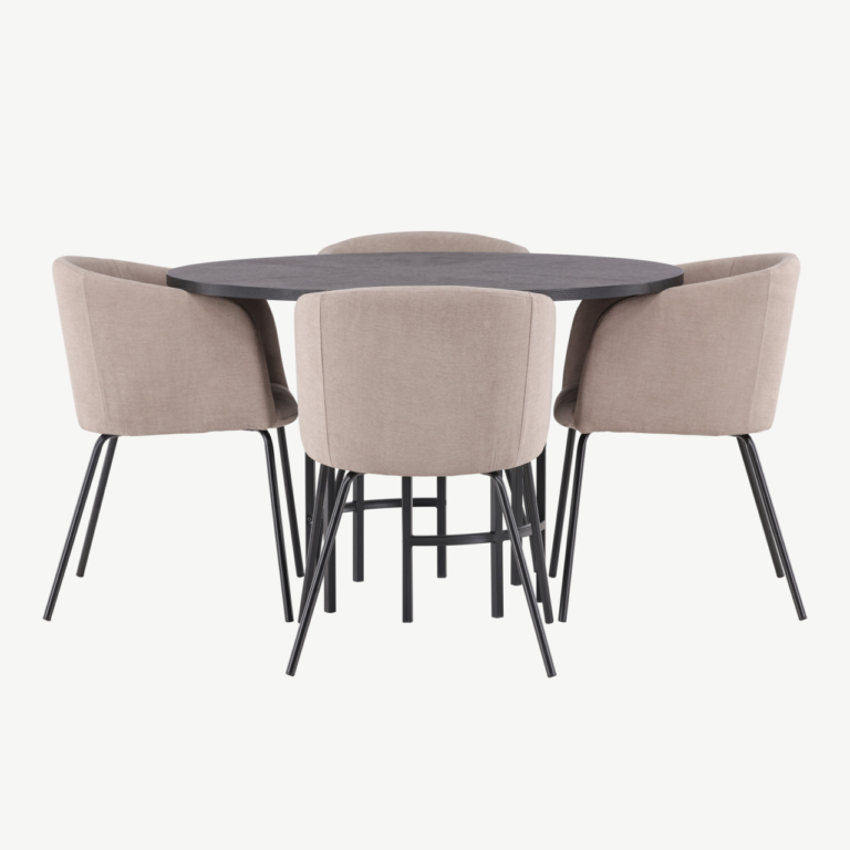 Ümmargune söögilaud Copenhagen (must MDF, ø115cm) ja polsterdatud söögitoolid Berit (beež kangas, mustad terasjalad) - GR22828