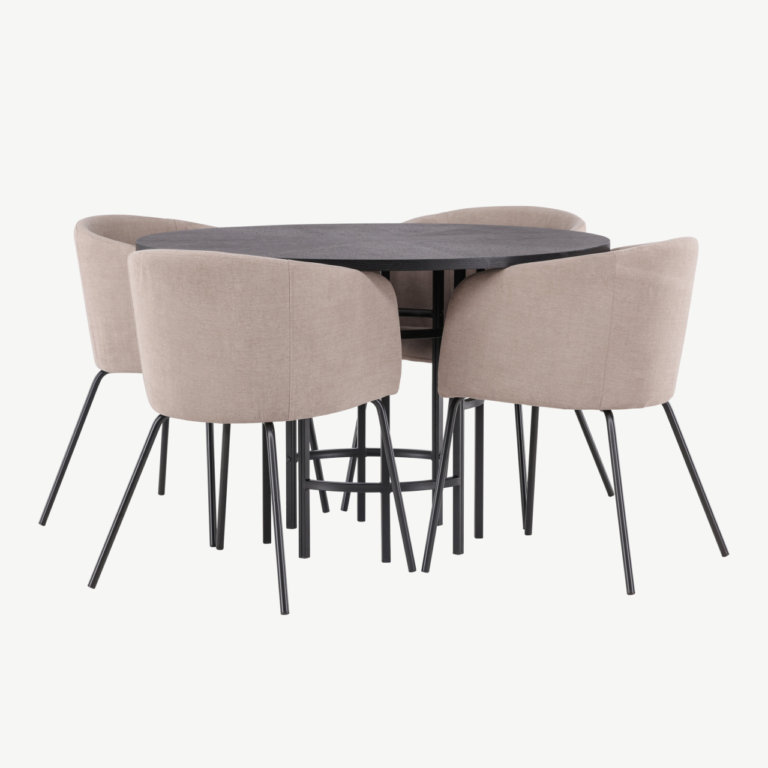 Ümmargune söögilaud Copenhagen (must MDF, ø115cm) ja polsterdatud söögitoolid Berit (beež kangas, mustad terasjalad) - GR22828