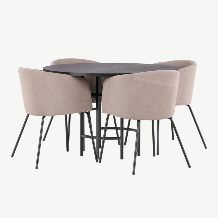Ümmargune söögilaud Copenhagen (must MDF, ø115cm) ja polsterdatud söögitoolid Berit (beež kangas, mustad terasjalad), GR22828 – 4