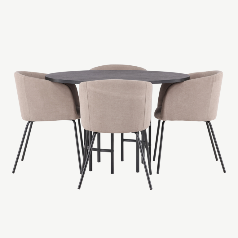 Ümmargune söögilaud Copenhagen (must MDF, ø115cm) ja polsterdatud söögitoolid Berit (beež kangas, mustad terasjalad) - GR22828