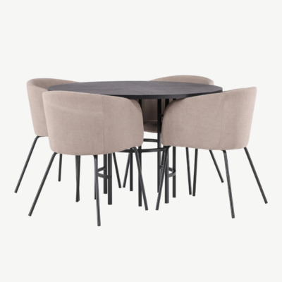 Ümmargune söögilaud Copenhagen (must MDF, ø115cm) ja polsterdatud söögitoolid Berit (beež kangas, mustad terasjalad) - GR22828