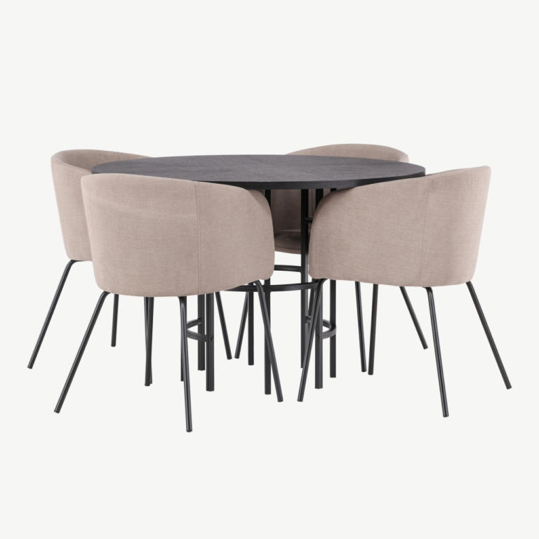 Ümmargune söögilaud Copenhagen (must MDF, ø115cm) ja polsterdatud söögitoolid Berit (beež kangas, mustad terasjalad) - GR22828