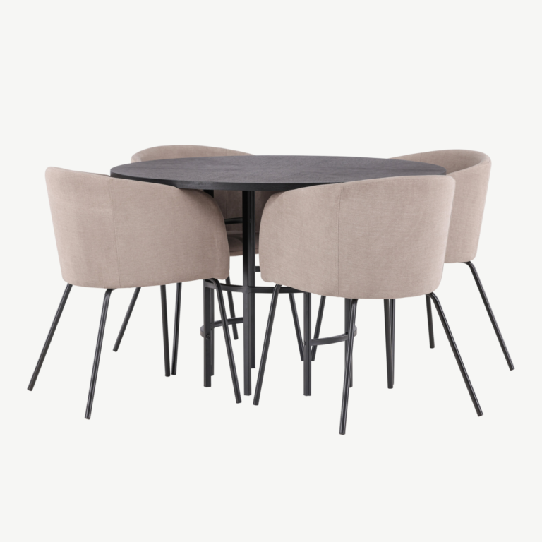 Ümmargune söögilaud Copenhagen (must MDF, ø115cm) ja polsterdatud söögitoolid Berit (beež kangas, mustad terasjalad) - GR22828