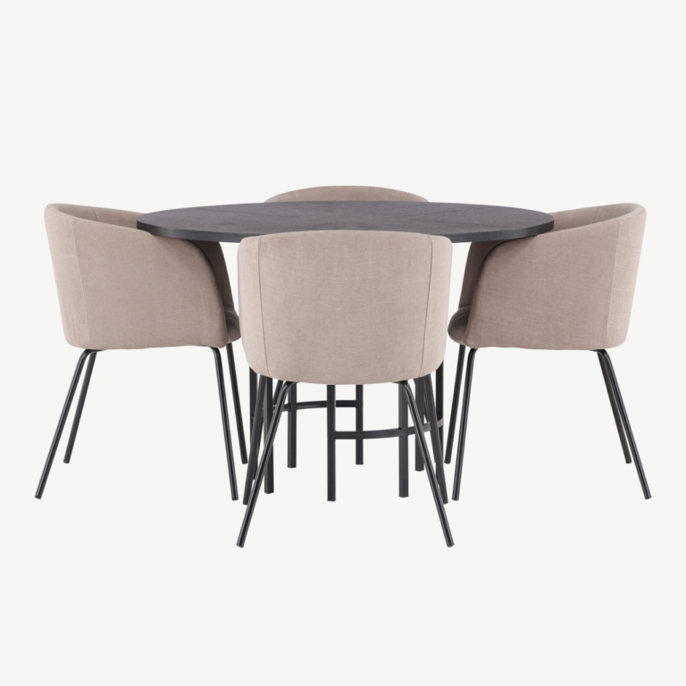 Ümmargune söögilaud Copenhagen (must MDF, ø115cm) ja polsterdatud söögitoolid Berit (beež kangas, mustad terasjalad) - GR22828