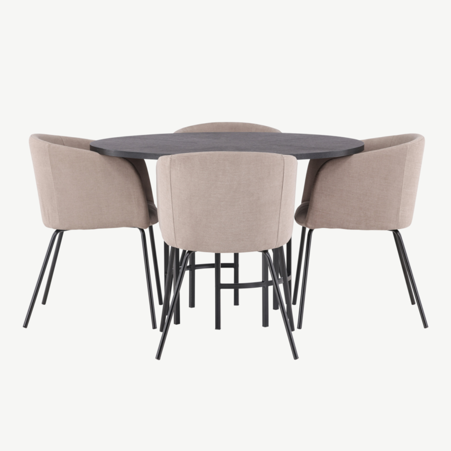 Ümmargune söögilaud Copenhagen (must MDF, ø115cm) ja polsterdatud söögitoolid Berit (beež kangas, mustad terasjalad), GR22828 – 7