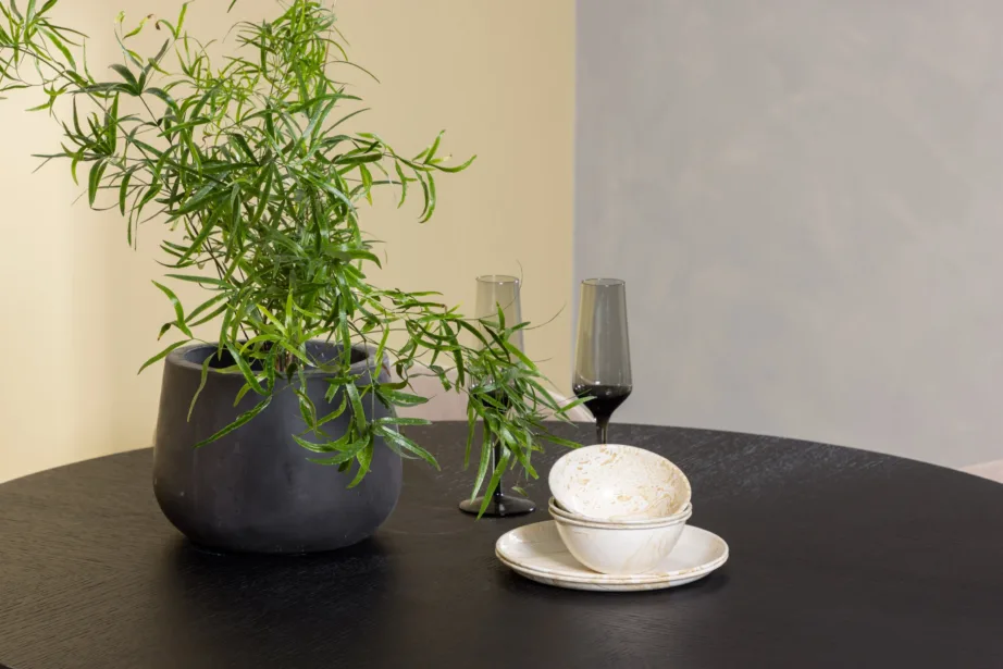 Ümmargune söögilaud Copenhagen (must MDF, ø115cm) ja polsterdatud söögitoolid Berit (beež kangas, mustad terasjalad), GR22828 – 10