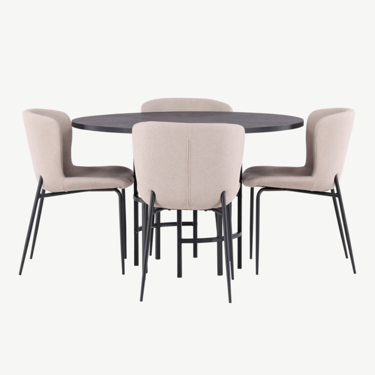 Ümmargune söögilaud Copenhagen musta MDF-plaadiga ja Modesto beežid söögitoolid (Ø115cm) - GR23219