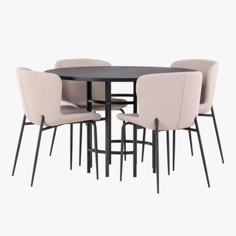 Ümmargune söögilaud Copenhagen musta MDF-plaadiga ja Modesto beežid söögitoolid (Ø115cm) - GR23219