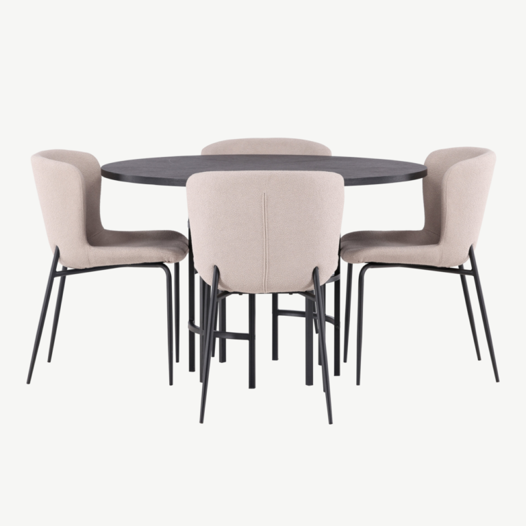 Ümmargune söögilaud Copenhagen musta MDF-plaadiga ja Modesto beežid söögitoolid (Ø115cm) - GR23219