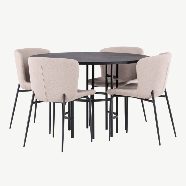Ümmargune söögilaud Copenhagen musta MDF-plaadiga ja Modesto beežid söögitoolid (Ø115cm) - GR23219