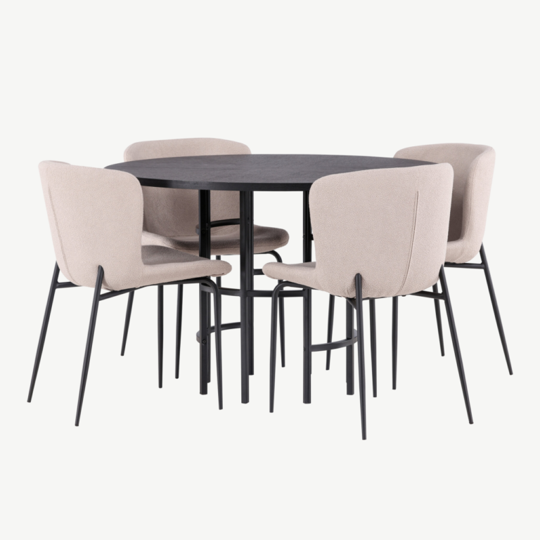 Ümmargune söögilaud Copenhagen musta MDF-plaadiga ja Modesto beežid söögitoolid (Ø115cm) - GR23219
